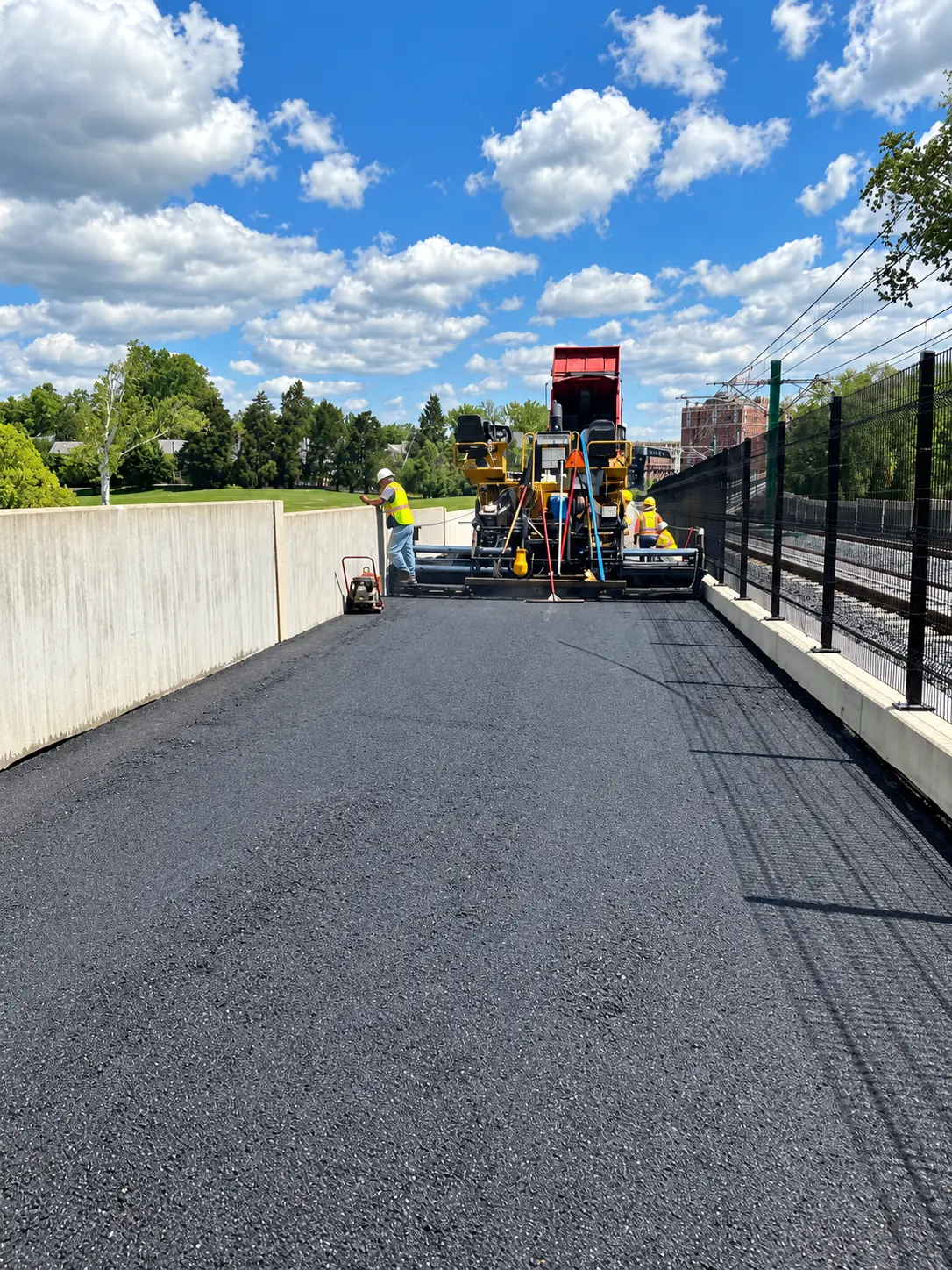 Asphalt paving crew installing a trail beside a rail corridor