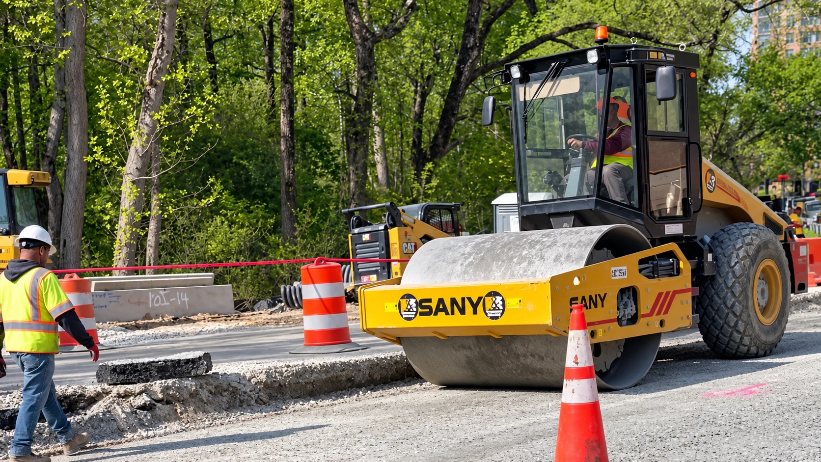 Aggregate base being compacted before asphalt placement